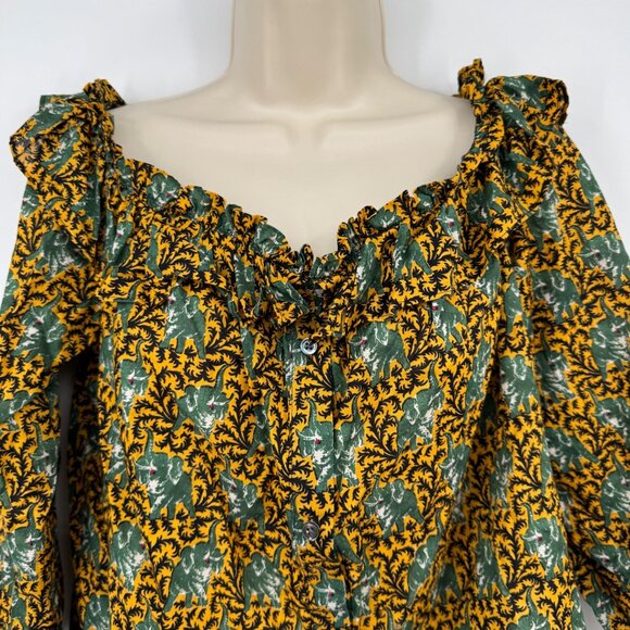 J. Crew Ratti Elephant Print Blouse Woman’s size 14 green off shoulder button up - Picture 6 of 14